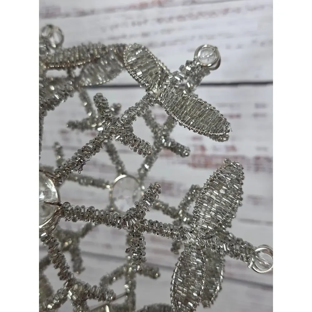 VTG Silver Beaded Metal Sparkle Star Snowflake Roud Tree Topper